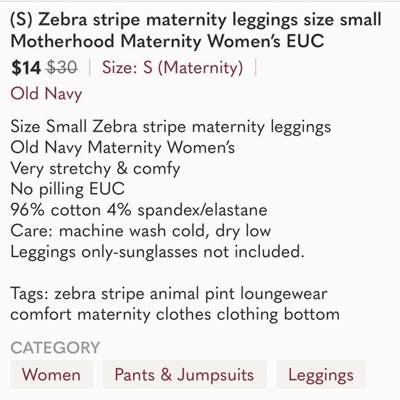 Small Maternity Zebra stripe Leggings size small Motherhood Maternity Womens EUC - Picture 8 of 8